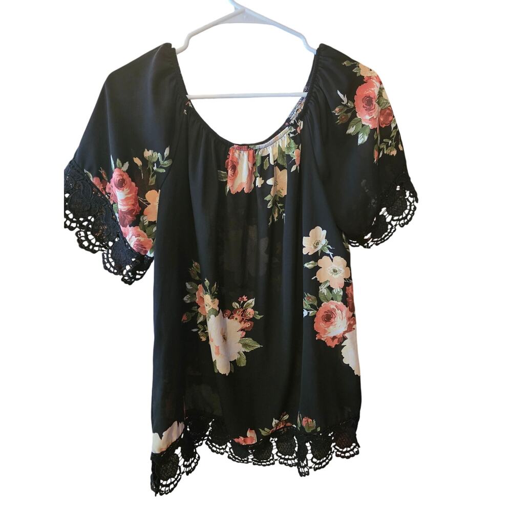 Haute Project Boat Neck Top L Womens Black Lace Detail Cottage Core‎ Lagen Look